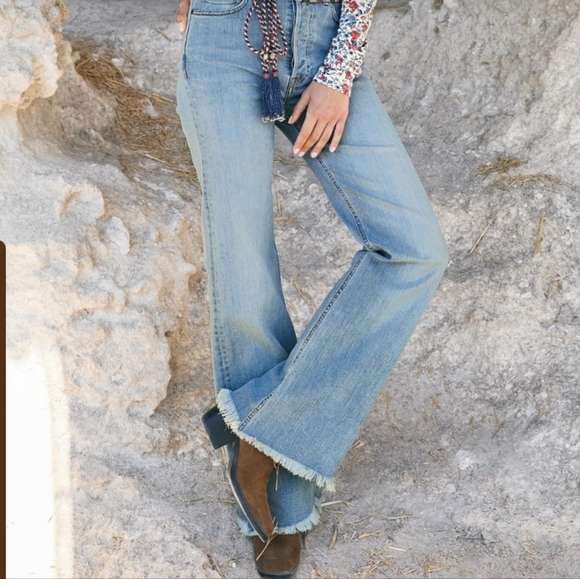 PERUVIAN CONNECTION RILEY WIDE-LEG BUTTON FLY JEANS FLARE FRINGE HEM SZ.14 - Picture 2 of 9